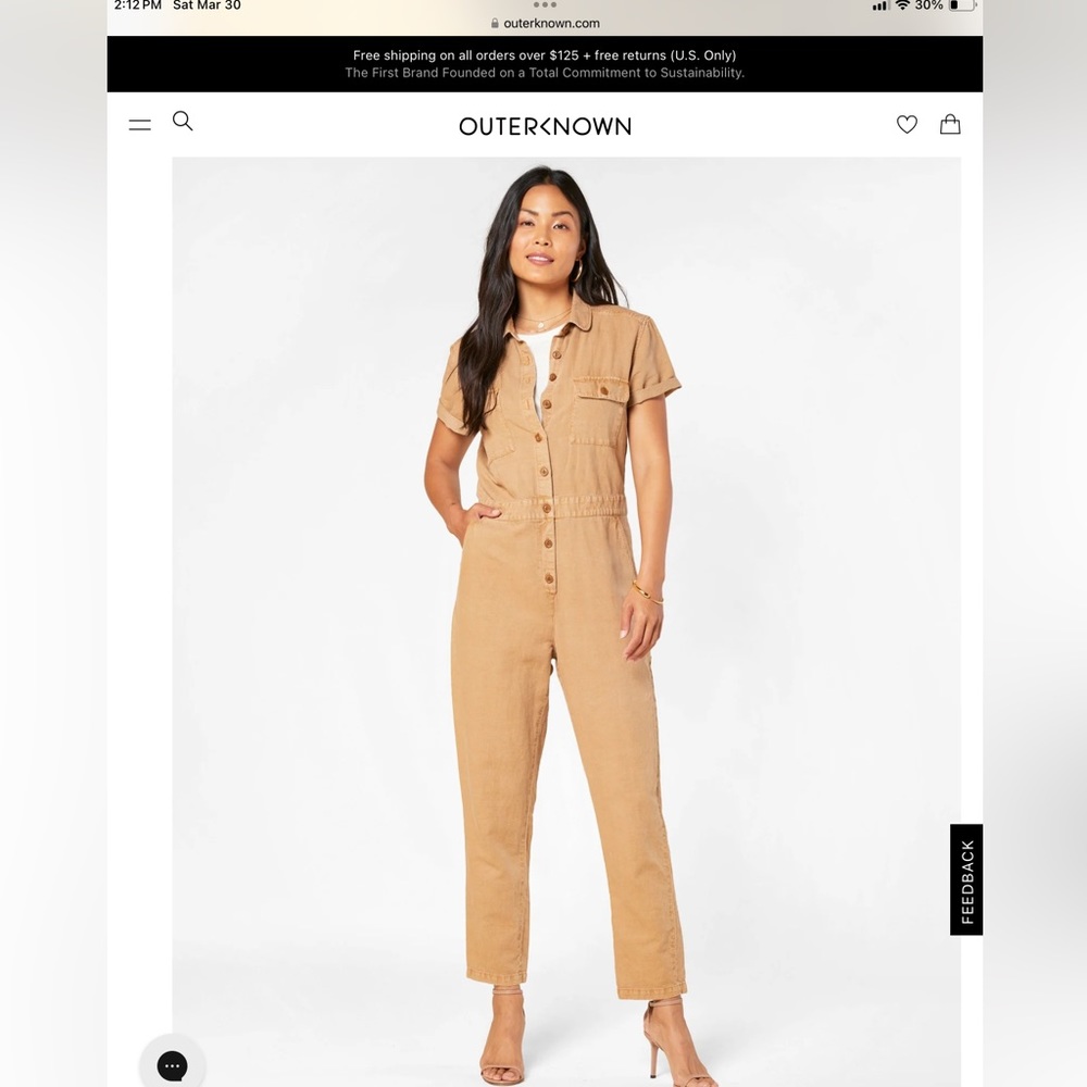 $168 SOLD OUT Outerknown S.E.A. organic cotton linen utility jumpsuit XS tan